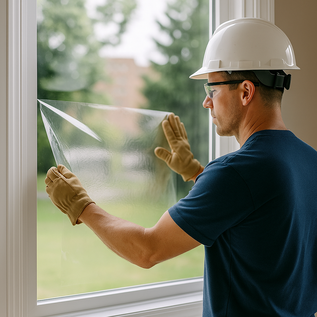 Technician applying clear safety & security film